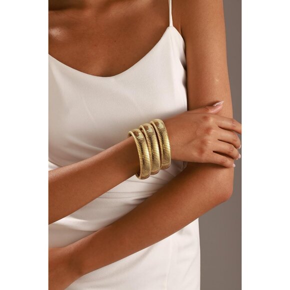 Gold Bangle Set 3 Chunky Stretch 24K Gold 16mm Plated Stainless Steel Wide Stack - Picture 3 of 6